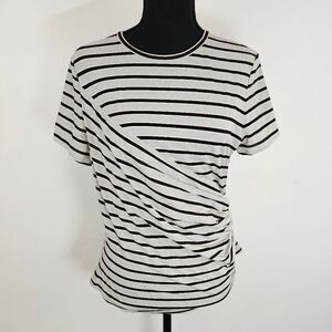 Per Se Silver Metallic Pink Striped Faux Wrap Cinched Short Sleeve Top Shirt